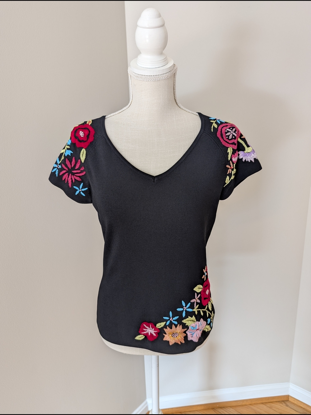 Nicole Black Short-Sleeve V-Neck Top with Multicolor Floral Embroidery